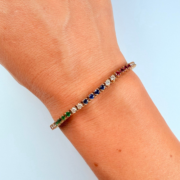 Estate 14K 1.25 TCW Diamond & 2.55 TCW Ruby Emerald Sapphire 3mm Tennis Bracelet - Picture 7 of 13